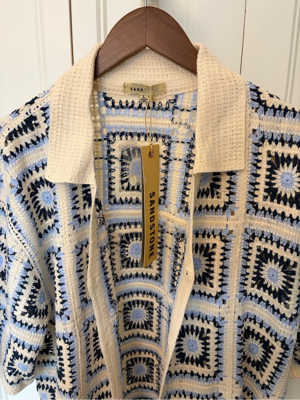 Sandstone Men’s Cream & Blue Crochet-Style Button Down Shirt